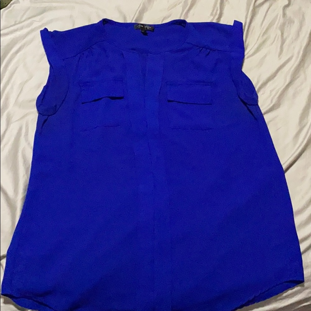 Moa Moa Cap Sleeve Pocketed Deep Neck Blouse Blue